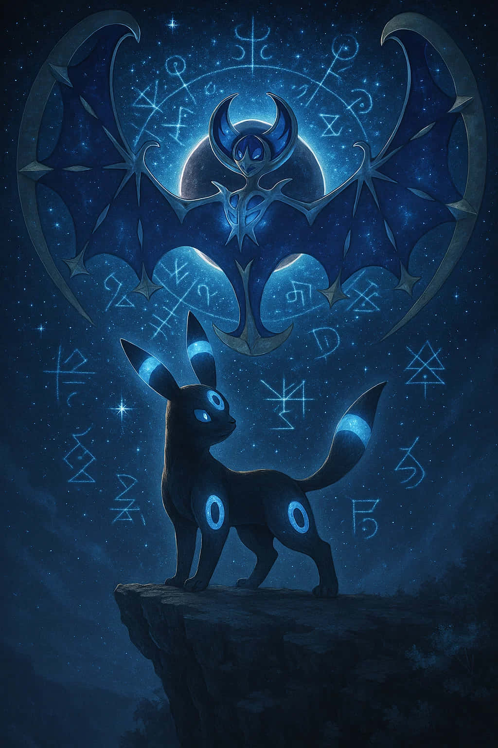 Umbreon Pokemon 4K HD Wallpaper WEBP MOBILE Backgrounds 壁紙 — 一隻發光的藍色月亮伊布站在懸崖頂上，下方是一隻帶有神秘符號在星空夜空中旋轉的天界蝙蝠。