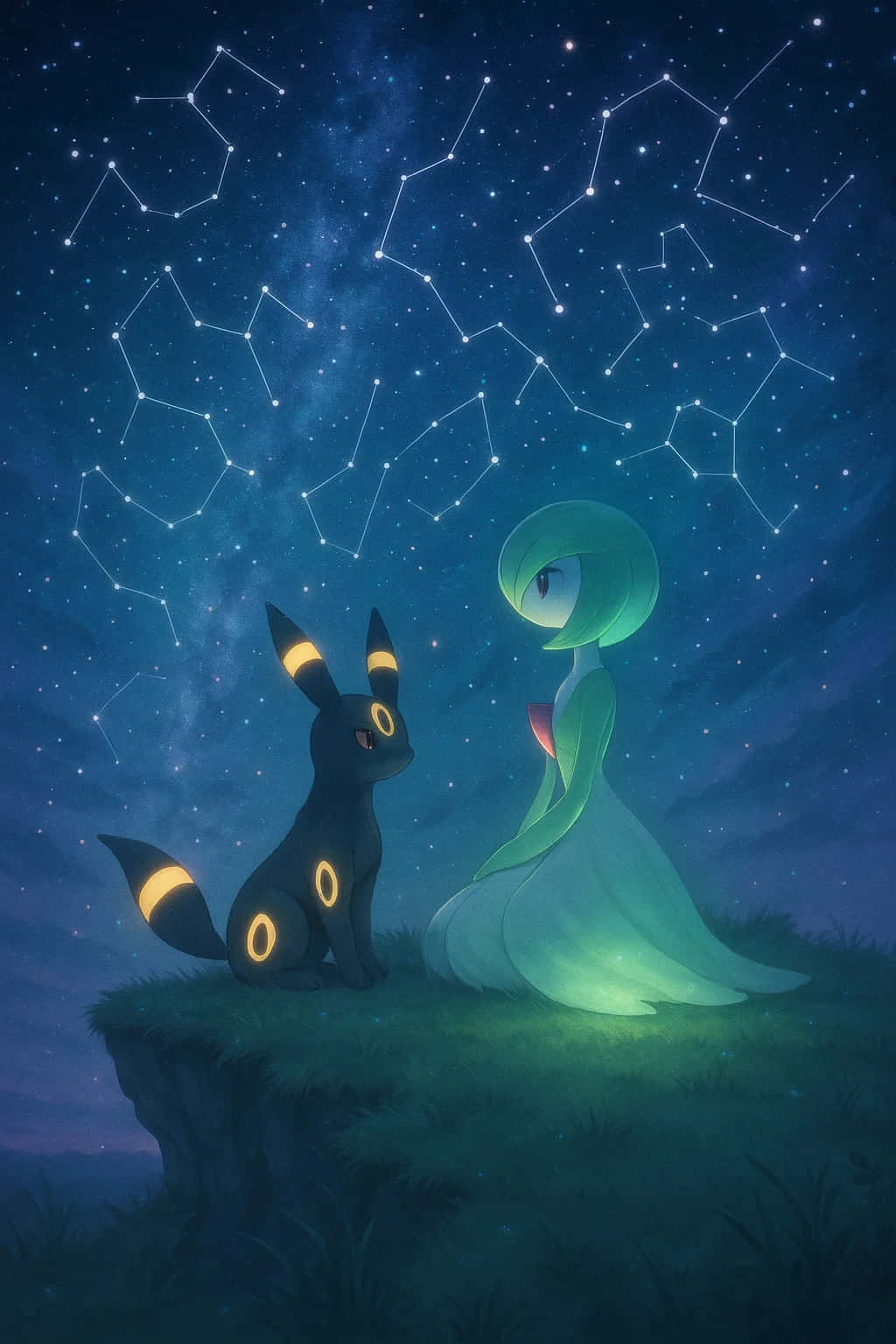 Umbreon Pokemon 4K HD Wallpaper WEBP MOBILE Backgrounds 壁紙 — 兩隻發光的寶可夢坐在懸崖上，下方是星空璀璨的夜空，可見星座。