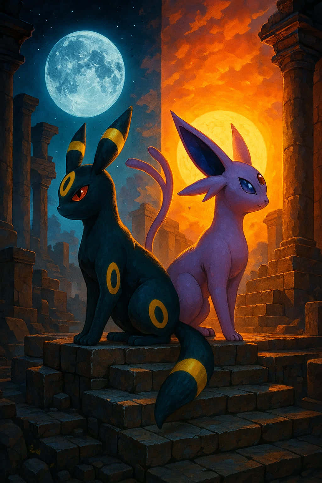 Umbreon Pokemon 4K HD Wallpaper WEBP MOBILE Backgrounds 壁紙 — 兩隻寶可夢由克希和艾姆利多坐在古老的石階上，天空一分為二，有藍色的月亮和橙色的太陽。