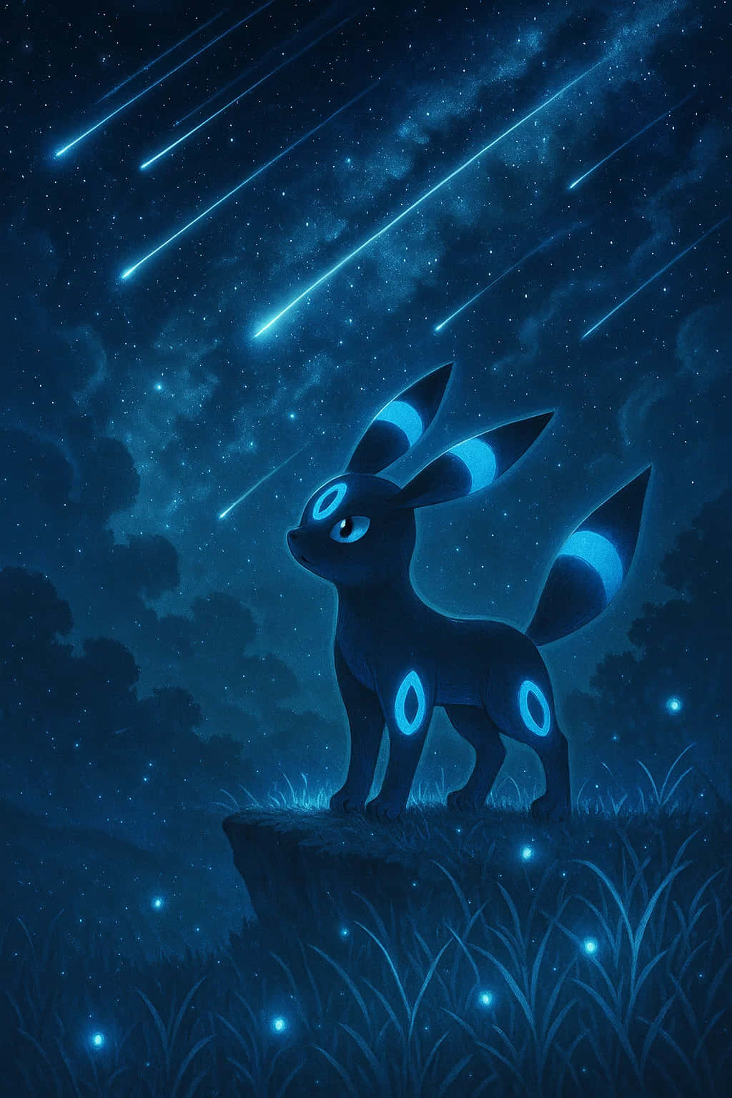 Umbreon Pokemon 4K HD Wallpaper WEBP MOBILE Backgrounds 壁紙 — 一隻發光的月伊貝站在懸崖頂上，下方是流星劃過的星空夜空和生物發光的草地。