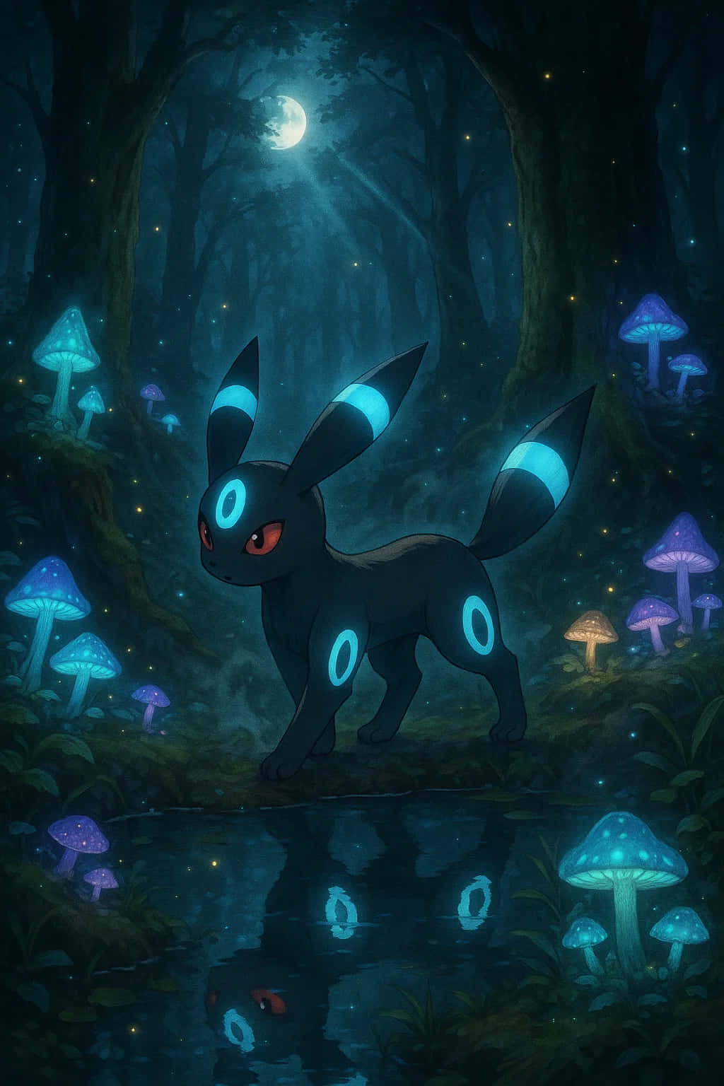Umbreon Pokemon 4K HD Wallpaper WEBP MOBILE Backgrounds 壁紙 — 一隻發光的月伊貝站在月光照耀的森林中，發光蘑菇在平靜的池塘中倒映。