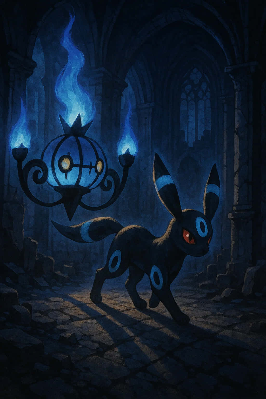 Umbreon Pokemon 4K HD Wallpaper WEBP MOBILE Backgrounds 壁紙 — 一隻深藍色的月伊貝在哥德式廢墟中潛行，被吊燈上詭異的藍色火焰照亮。