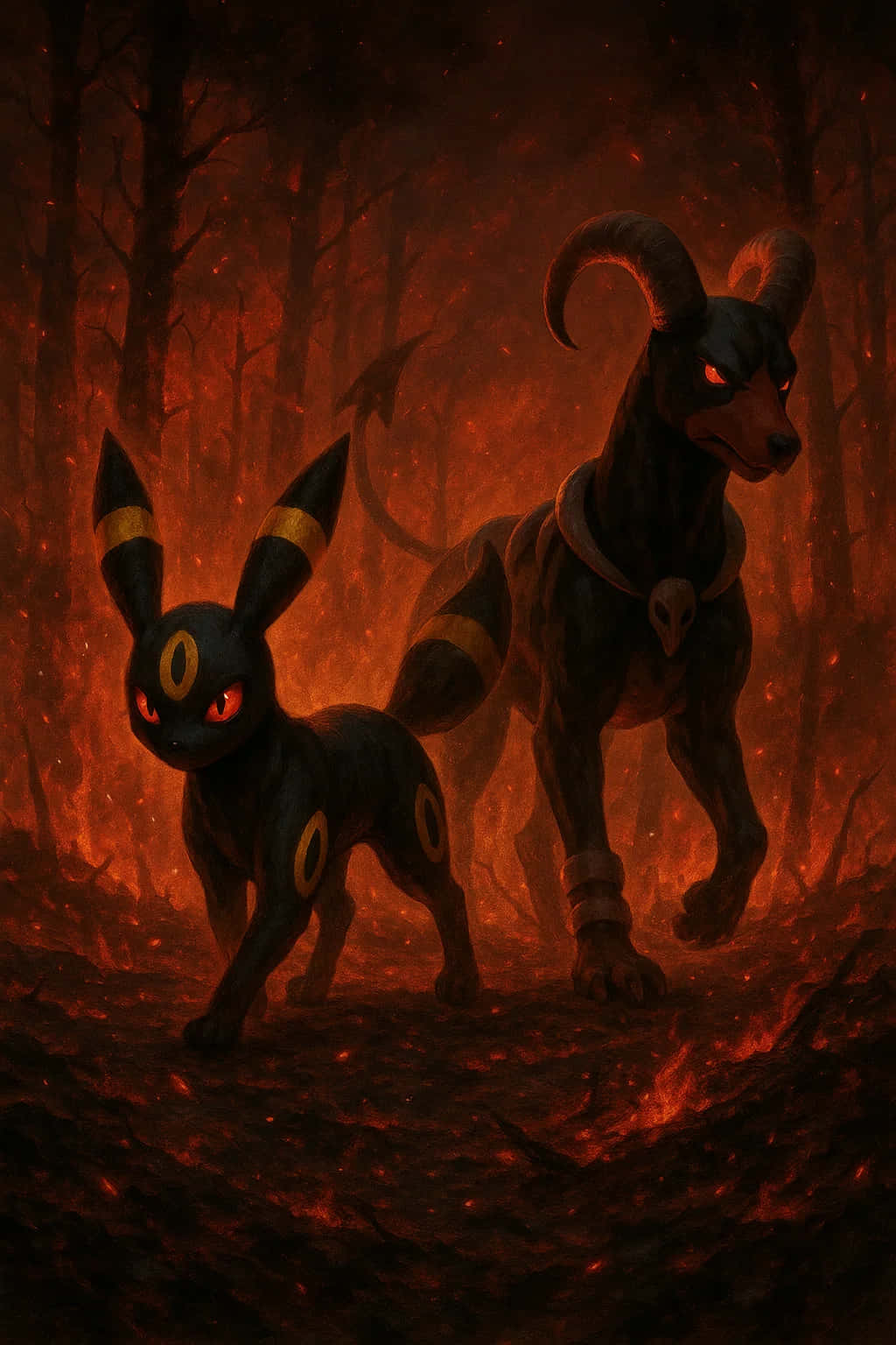 Umbreon Pokemon 4K HD Wallpaper WEBP MOBILE Backgrounds 壁紙 — 兩隻黑色嘅寵物小精靈，有發光嘅紅色眼睛，企喺一個被橙色同黑色光包圍嘅火焰森林入面。