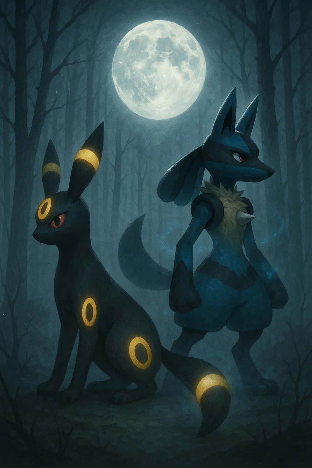 Umbreon Pokemon 4K HD Wallpaper WEBP MOBILE Backgrounds 壁紙 — 兩隻寶可夢，月亮伊布和太陽伊布，站在月光照耀的森林中，滿月當空，光禿的樹木投下陰影。