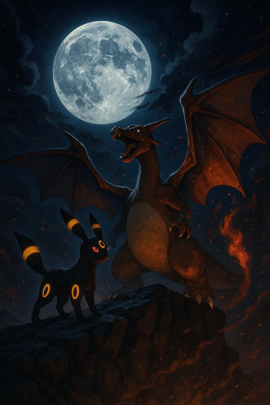 Umbreon Pokemon 4K HD Wallpaper WEBP MOBILE Backgrounds 壁紙 — 一條噴火龍和一隻黑色貓狀生物站在岩石峭壁上，下方是巨大發光的月亮，呈現黑暗奇幻的夜晚場景。