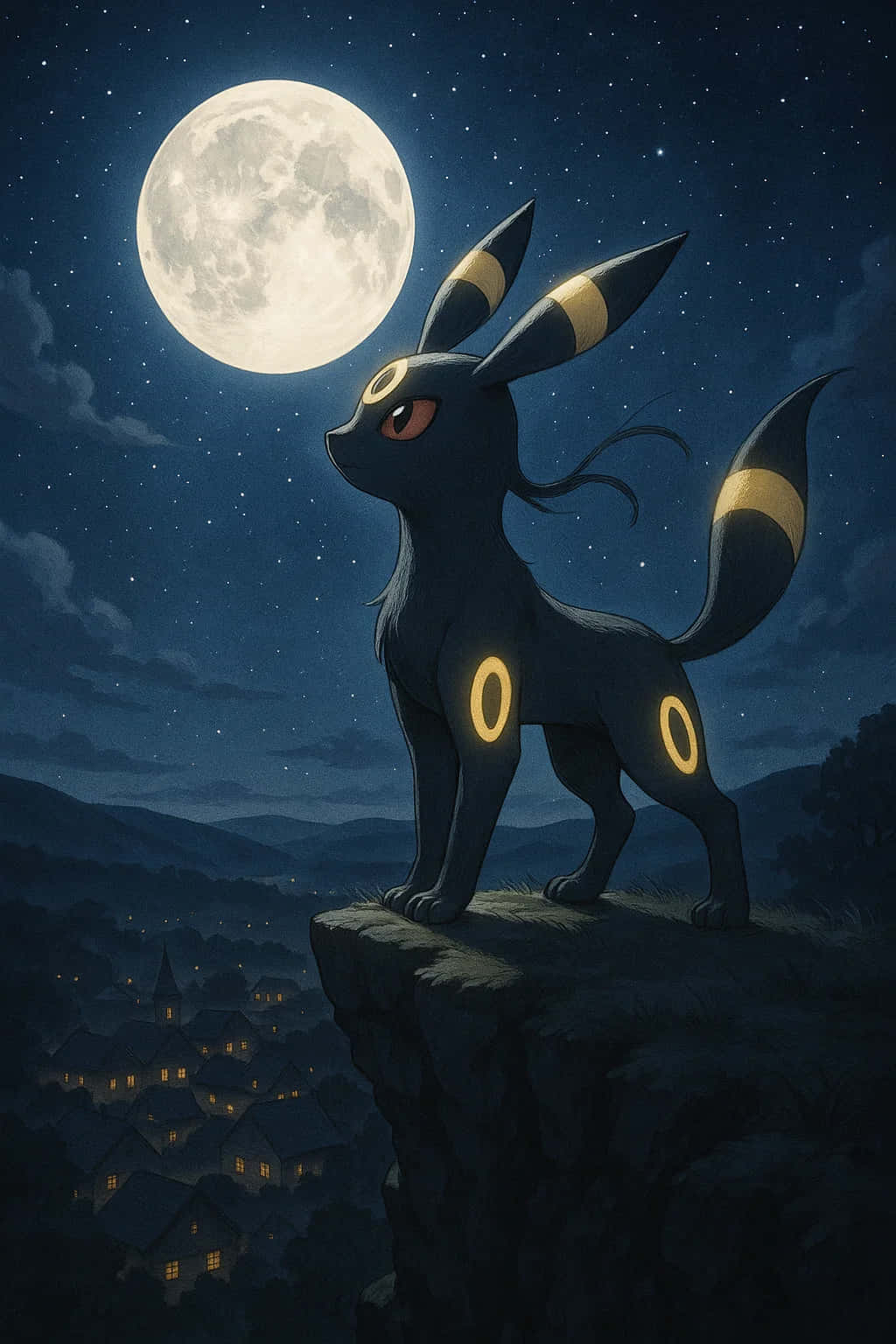 Umbreon Pokemon 4K HD Wallpaper WEBP MOBILE Backgrounds 壁紙 — 一隻深藍色的月伊貝帶有發光的黃色環，站在滿月下的懸崖頂上，俯瞰星空夜空和下面的村莊。