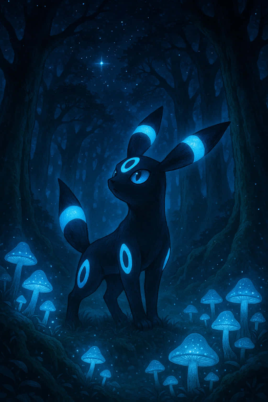 Umbreon Pokemon 4K HD Wallpaper WEBP MOBILE Backgrounds 壁紙 — 一隻發光的藍色月伊貝在星光森林中警覺地站立，被黑暗樹冠下的發光蘑菇包圍。