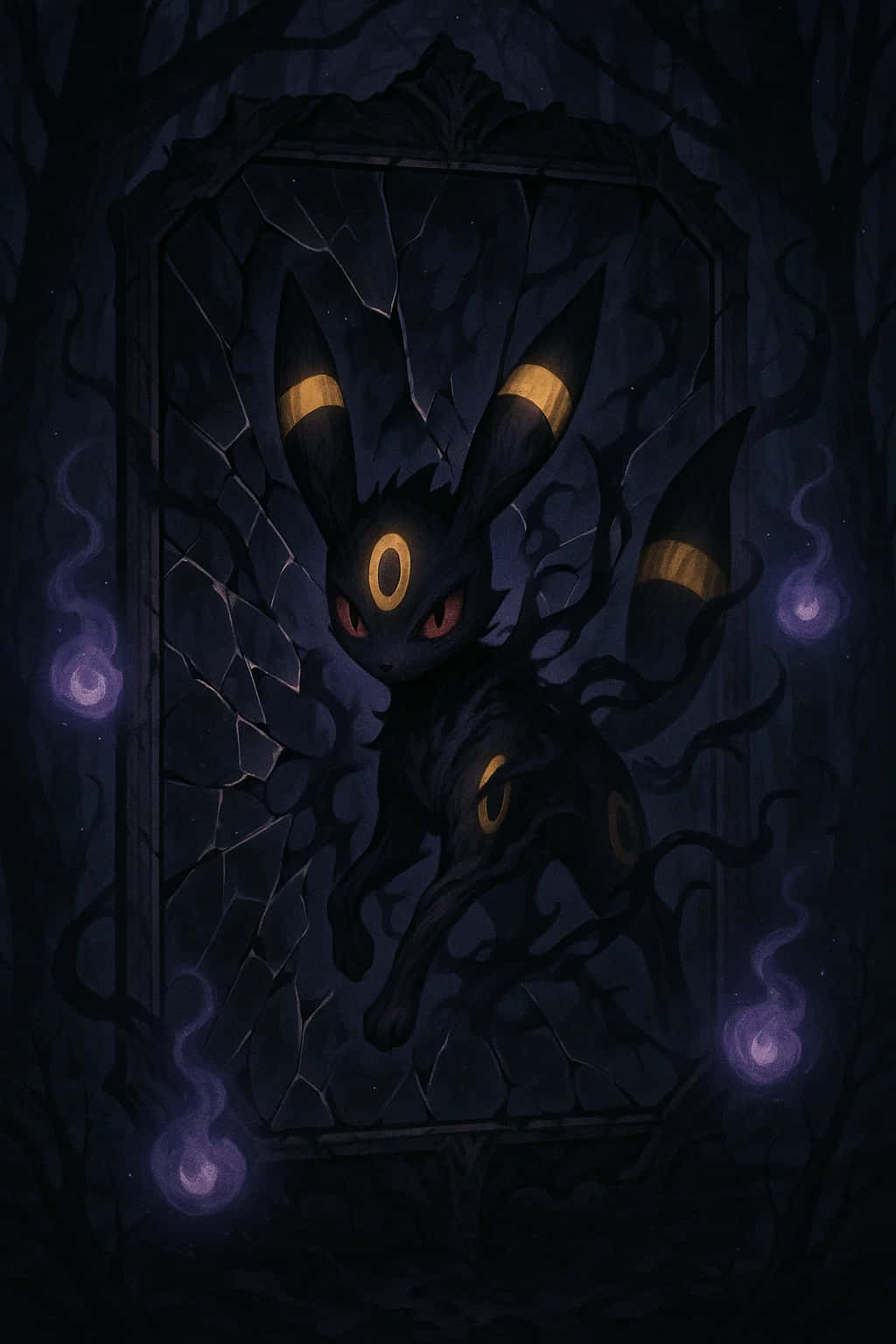 Umbreon Pokemon 4K HD Wallpaper WEBP MOBILE Backgrounds 壁紙 — 一隻黑暗、兇猛的月伊貝，擁有發光的黃色眼睛和紫色煙霧漩渦，從陰暗森林中的破裂鏡子中出現。