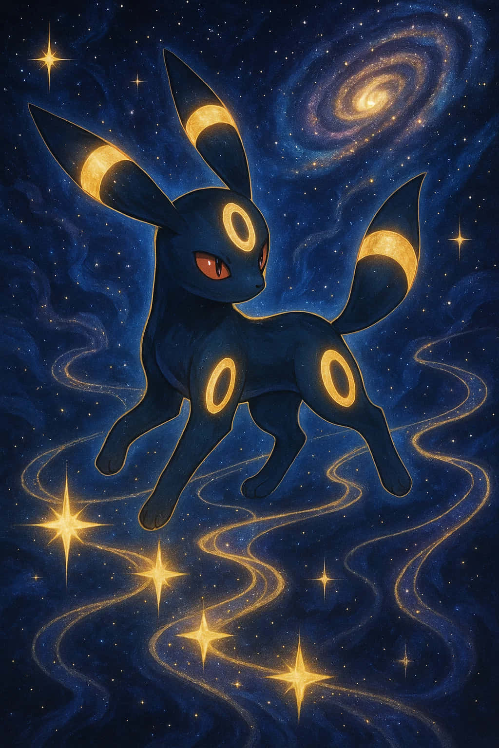 Umbreon Pokemon 4K HD Wallpaper WEBP MOBILE Backgrounds 壁紙 — 一隻深藍色的月伊貝帶著發光的黃色環圈，跳過一個充滿星系和金色星星旋轉的星空夜空。