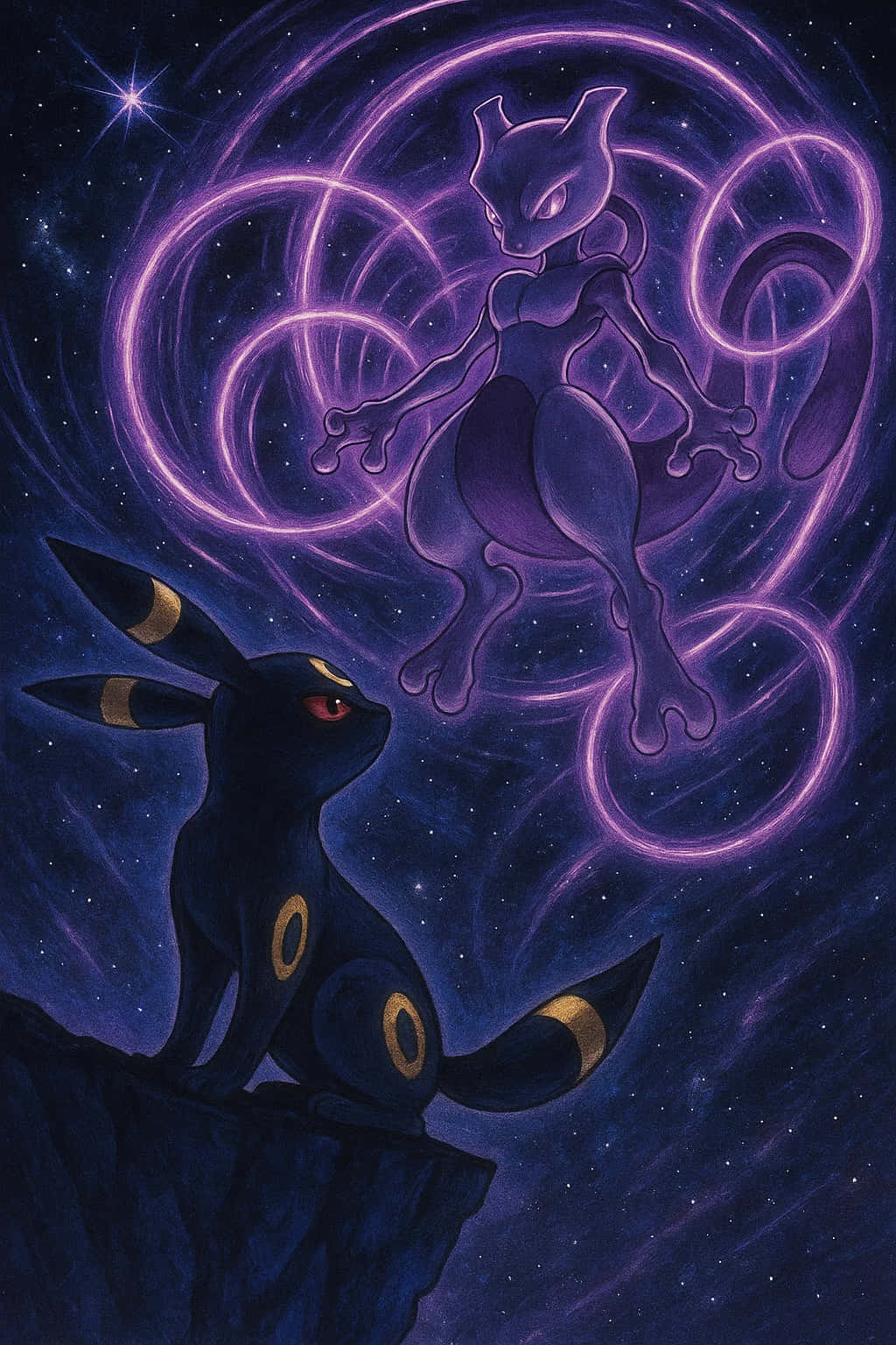Umbreon Pokemon 4K HD Wallpaper WEBP MOBILE Backgrounds 壁紙 — 一隻深色伊貝仰望在星空夜空背景下，於宇宙能量中旋轉的發光紫色超夢夢。