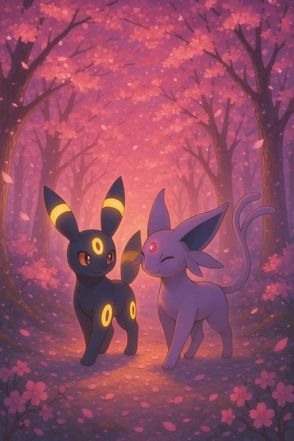 粉紅櫻花林中的兩隻Pokémon伊布進化型。