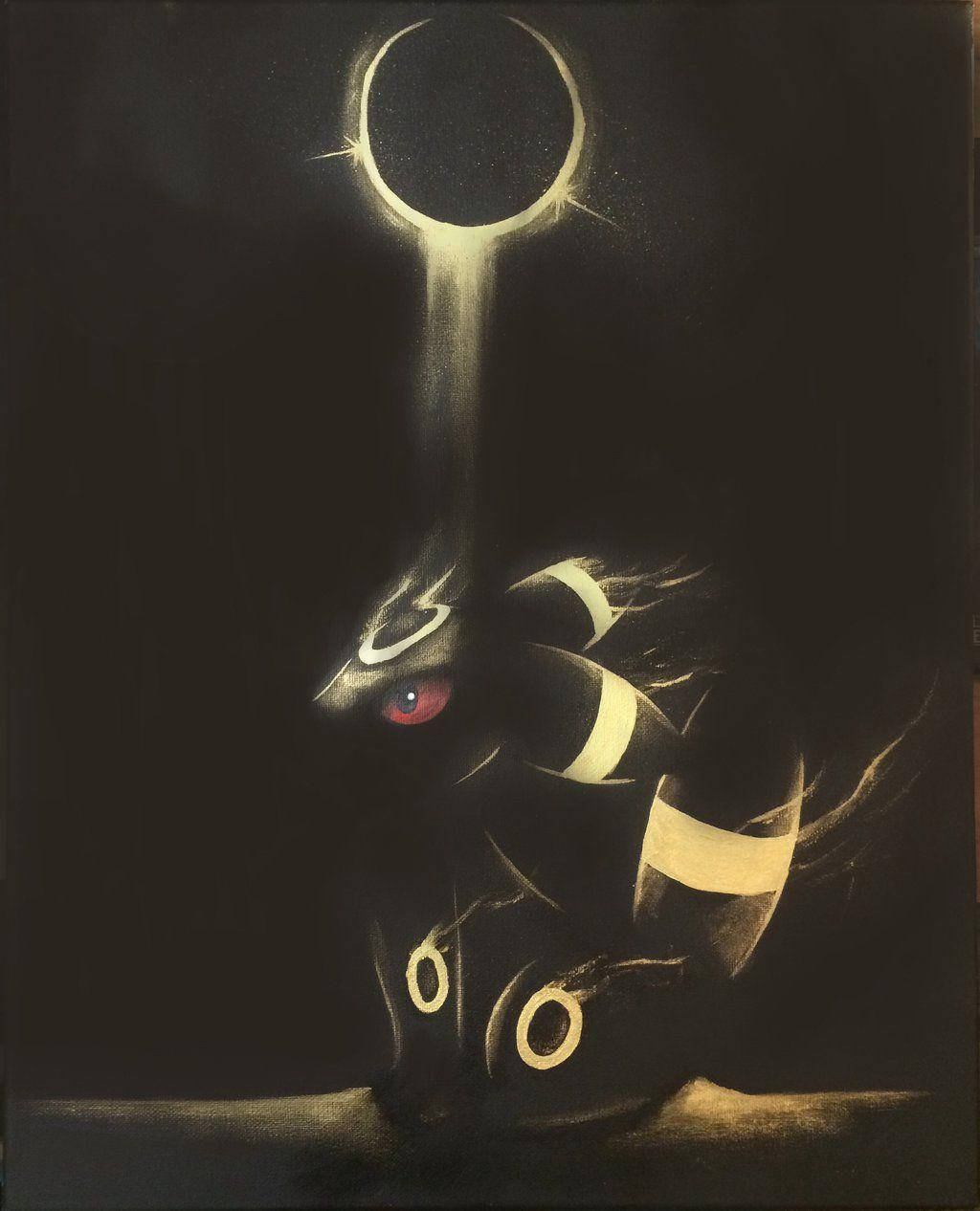 Umbreon 與發光滿月 壁紙 — 一個神秘生物的黑色剪影，在黑色虛空背景下，散發光芒的紅色眼睛和金色圓環位於耀眼的光環之下。