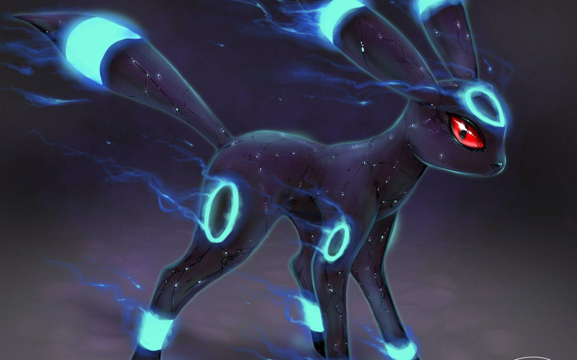 Umbreon 藍光藝術 壁紙 — 一隻深紫色嘅小精靈，帶有發光嘅藍色環同紅色眼睛，企喺噼啪作響嘅電能之中，背景係暴風雨。
