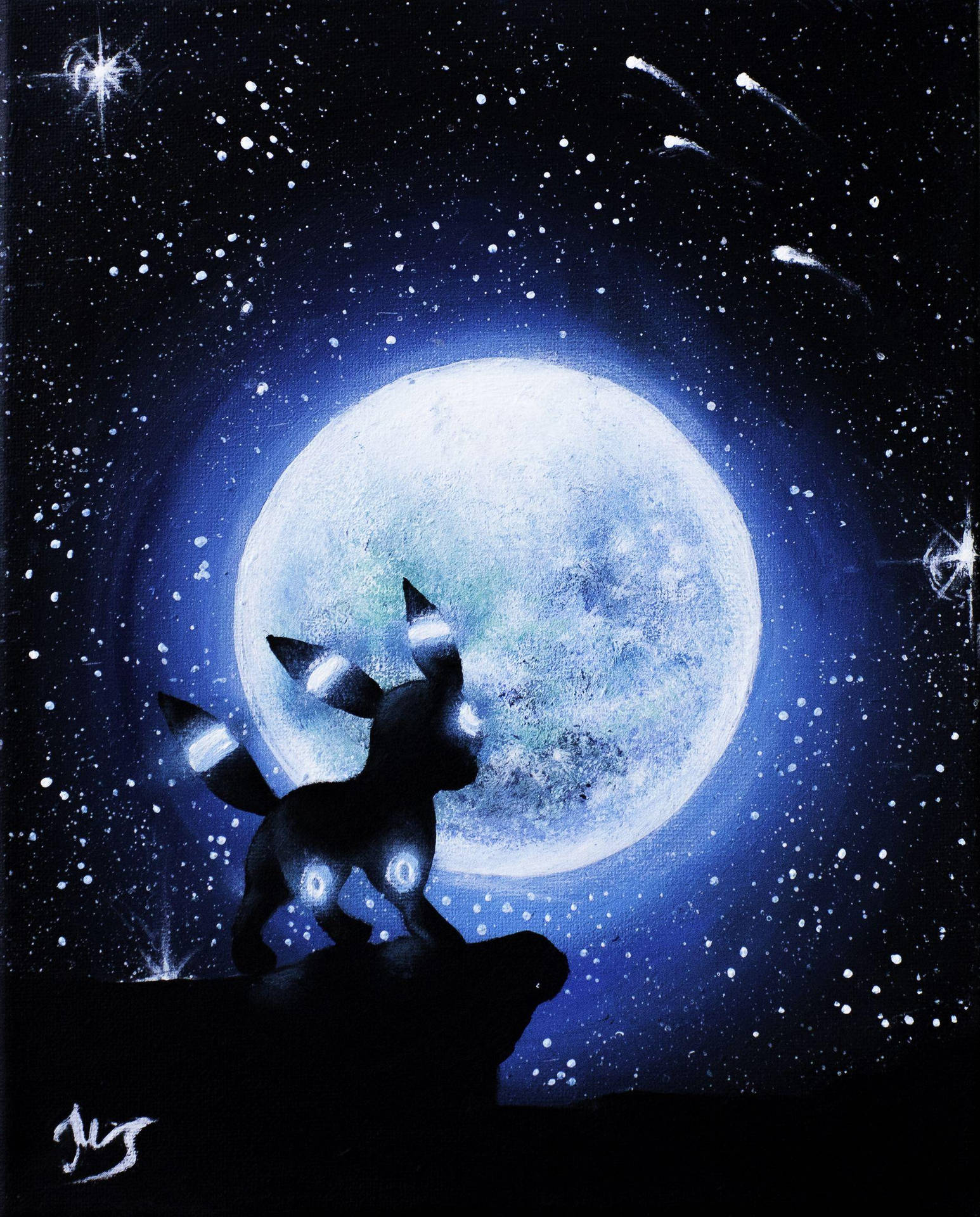 Umbreon 黑色剪影 壁紙 — 發光的皮丘剪影站在懸崖上，下方是滿月照耀的星空夜空，有流星劃過。