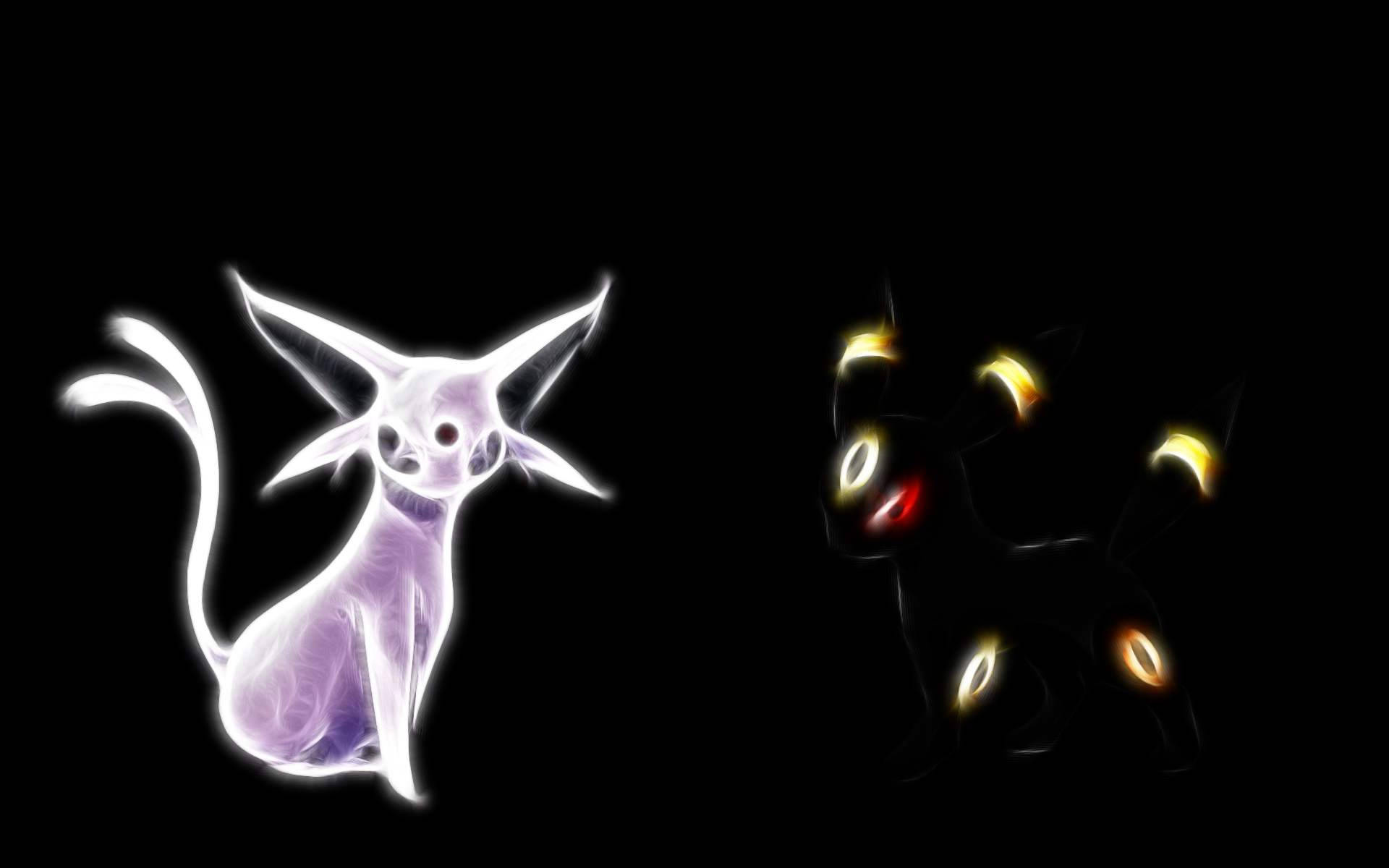 Umbreon與Espeon極簡藝術 壁紙 — 兩隻發光的 Pokémon 太陽伊貝和月亮伊貝並排坐在黑色背景前，散發出空靈的光芒。