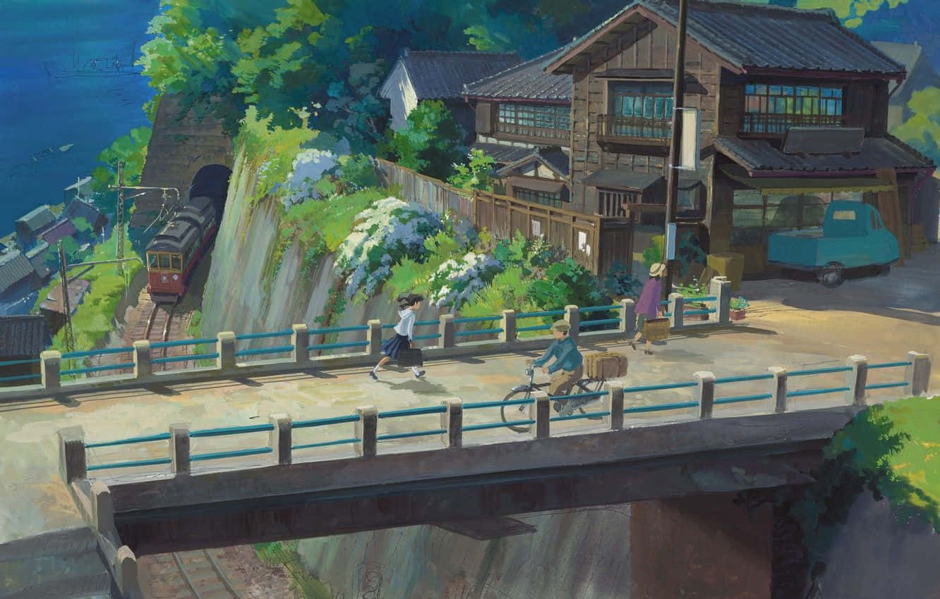 孩子們在橋附近玩耍，火車穿過沿海村莊。