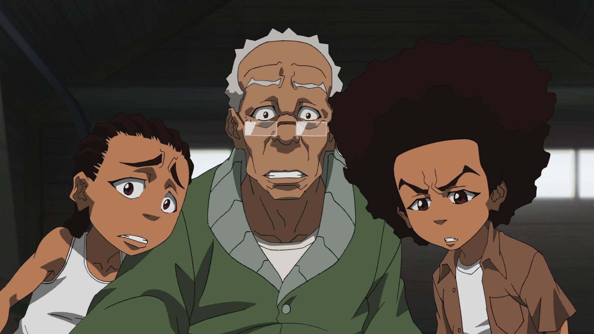 Uncle Ruckus——《The Boondocks》的網上最愛角色 壁紙 — 三個表情擔憂的動畫角色在燈光昏暗的房間裡緊密地站在一起。