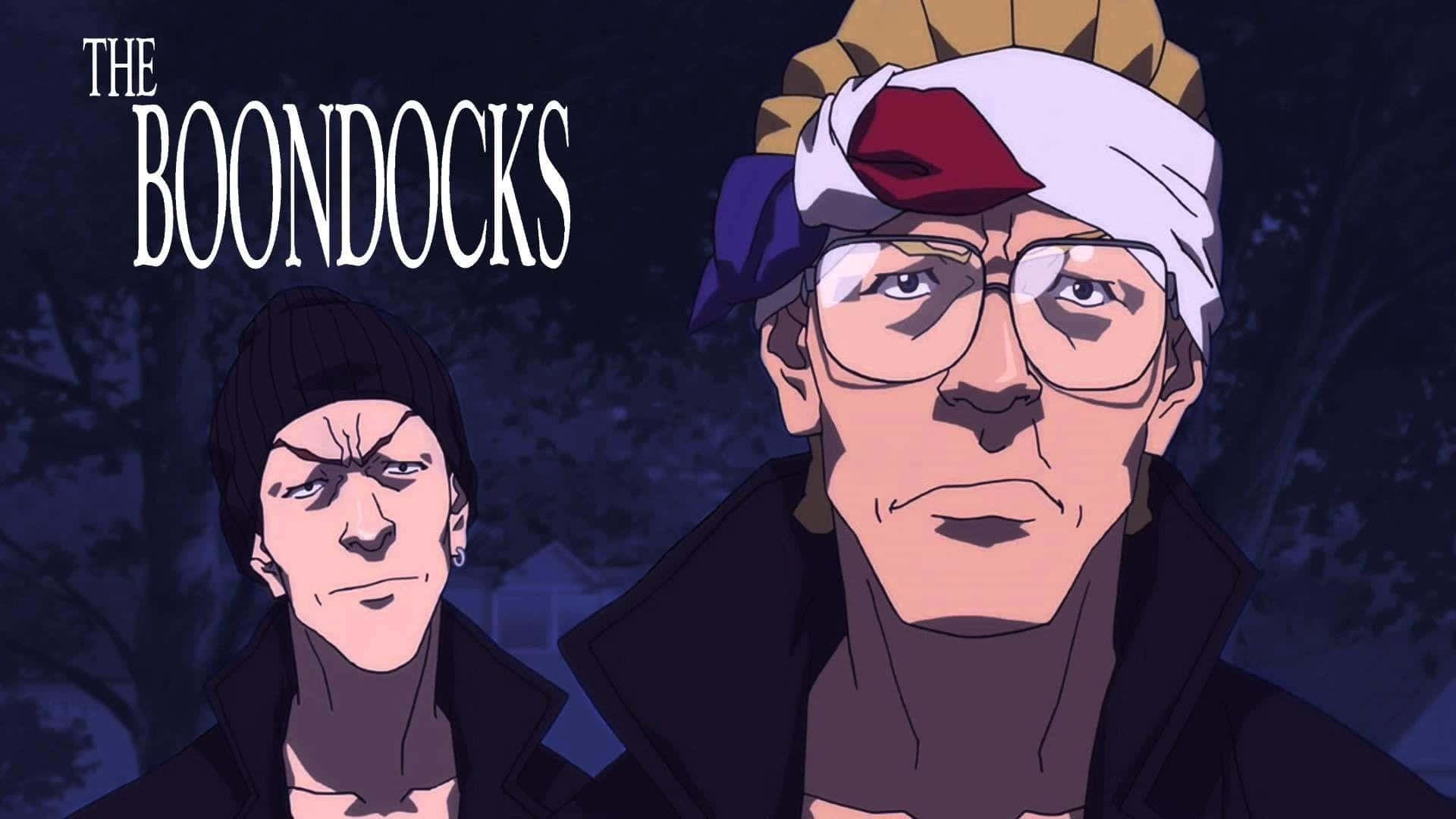 Uncle Ruckus毀壞《The Boondocks》 壁紙 — 兩個動畫角色帶著強烈的表情，站在漆黑的夜晚背景下，標題為 The Boondocks。
