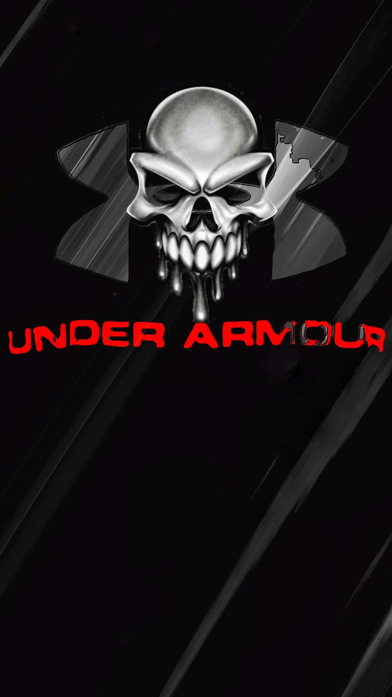 以創新Under Armour運動服裝擁抱你的健身旅程 壁紙 — 一個帶有威脅性的金屬骷髏頭在破碎的Under Armour標誌下方滴落液體，背景為深色條紋。