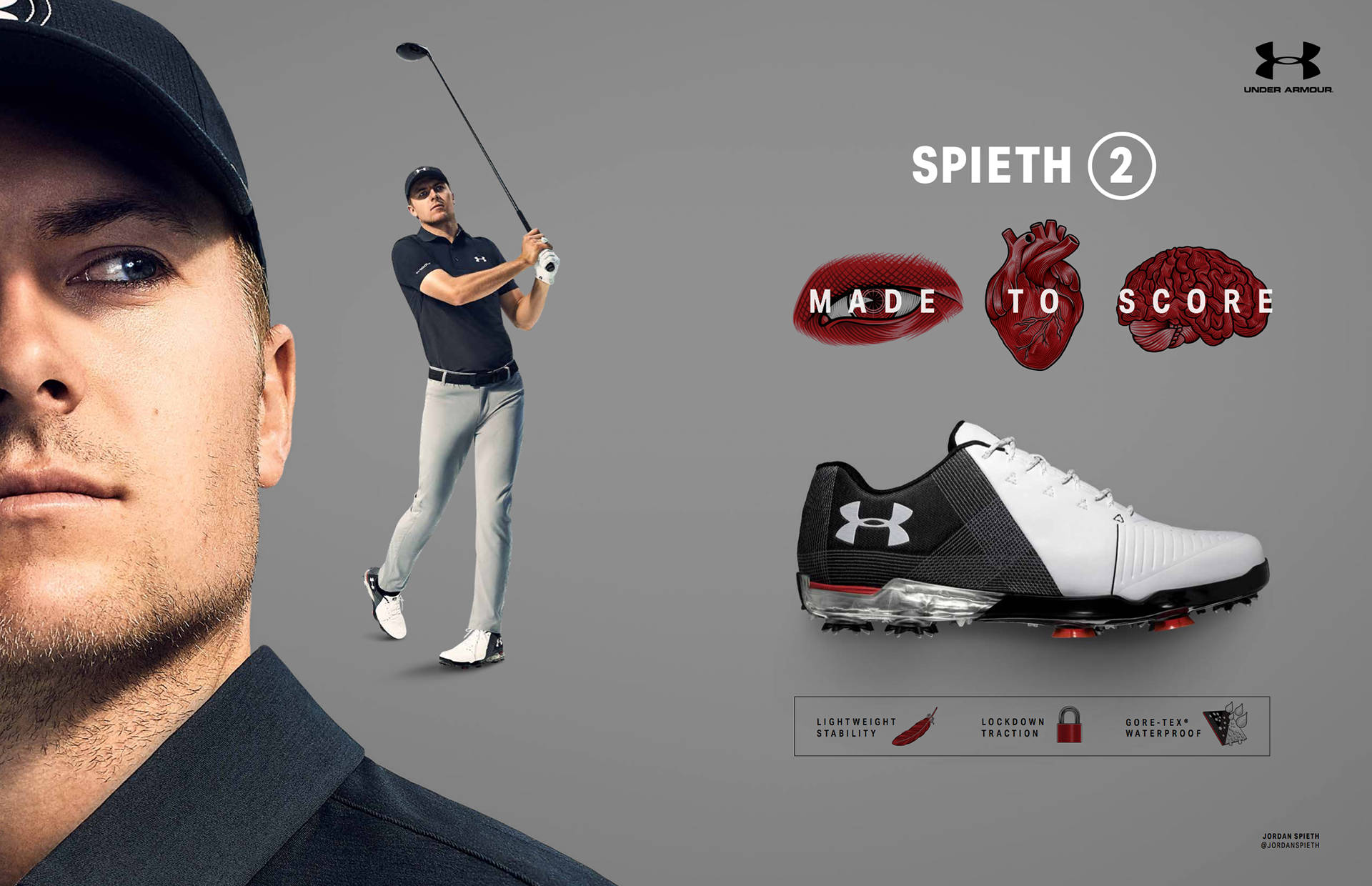 Jordan Spieth穿著Under Armour球鞋和帶有解剖學性能圖形打高爾夫球。