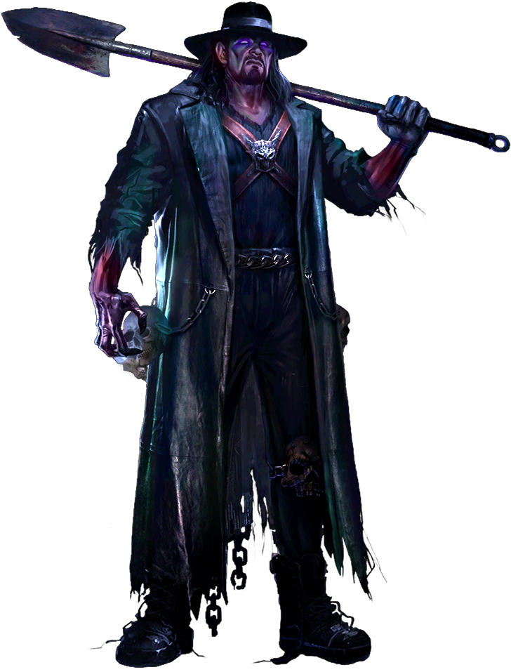 Undertaker 搏鬥傳奇插畫 壁紙 — 一個身穿暗色衣服、帶有發光紫色眼睛、肩上扛著鏟子的威脅性人物，站在黑色背景前。