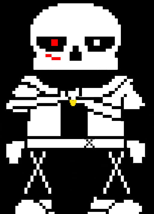 像素風格的《Undertale》桑斯角色 壁紙 — 一個像素化的白色骷髏角色，紅眼睛，帶著冷笑，站在黑色背景前。