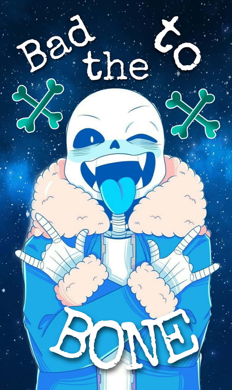 與 Undertale 桑斯一同探索地下世界 壁紙 — 一個開心的骷髏動漫角色，穿著藍色外套配毛絨領，伸出舌頭並對著星空做出手勢。