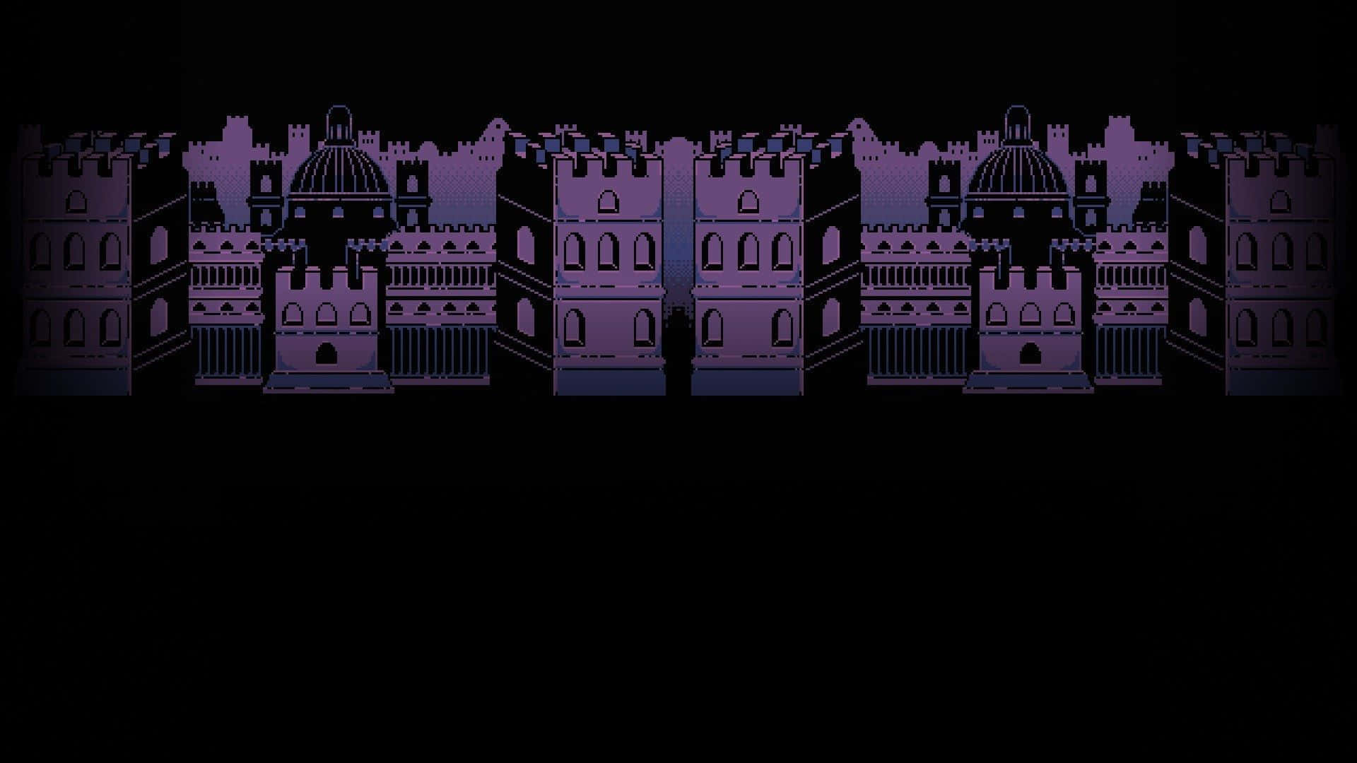 隨時隨地玩 Undertale，這款桌面壁紙陪你 壁紙 — 像素化的城堡剪影在黑色背景上發出紫色光芒，呈現復古電子遊戲風格。