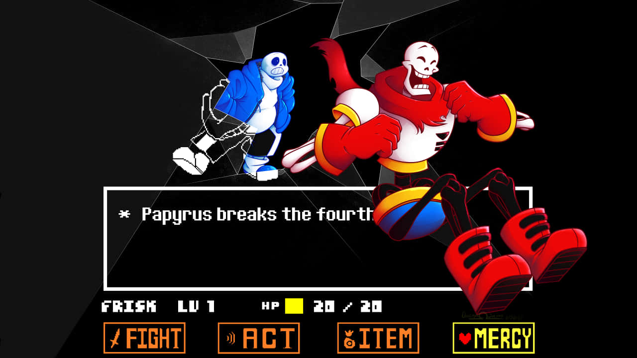 探索 Undertale Desktop 的魔法世界 壁紙 — 兩個動漫風格嘅骷髏角色喺像素藝術遊戲界面中戰鬥，有戰鬥選項同健康狀態。