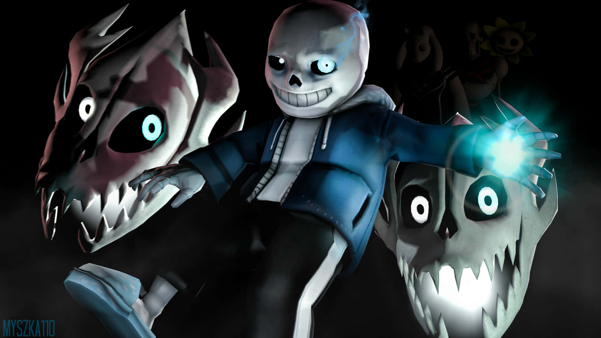 《Undertale》桑斯穿越地下世界冒險 壁紙 — 一個身穿連帽衫的骷髏動漫角色在黑暗背景下揮舞著發光的藍色能量，兩側有兩個怪異的頭骨生物。