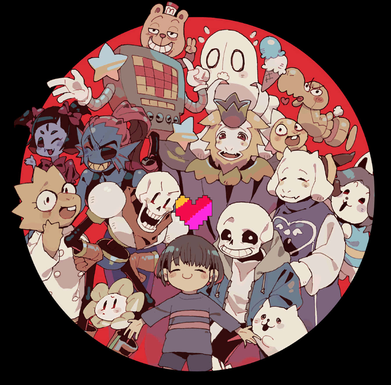 Undertale 角色群聚圖 壁紙 — 一個充滿活力的圓形插圖，描繪了各種動漫角色在紅色背景前微笑並一起擺姿勢。