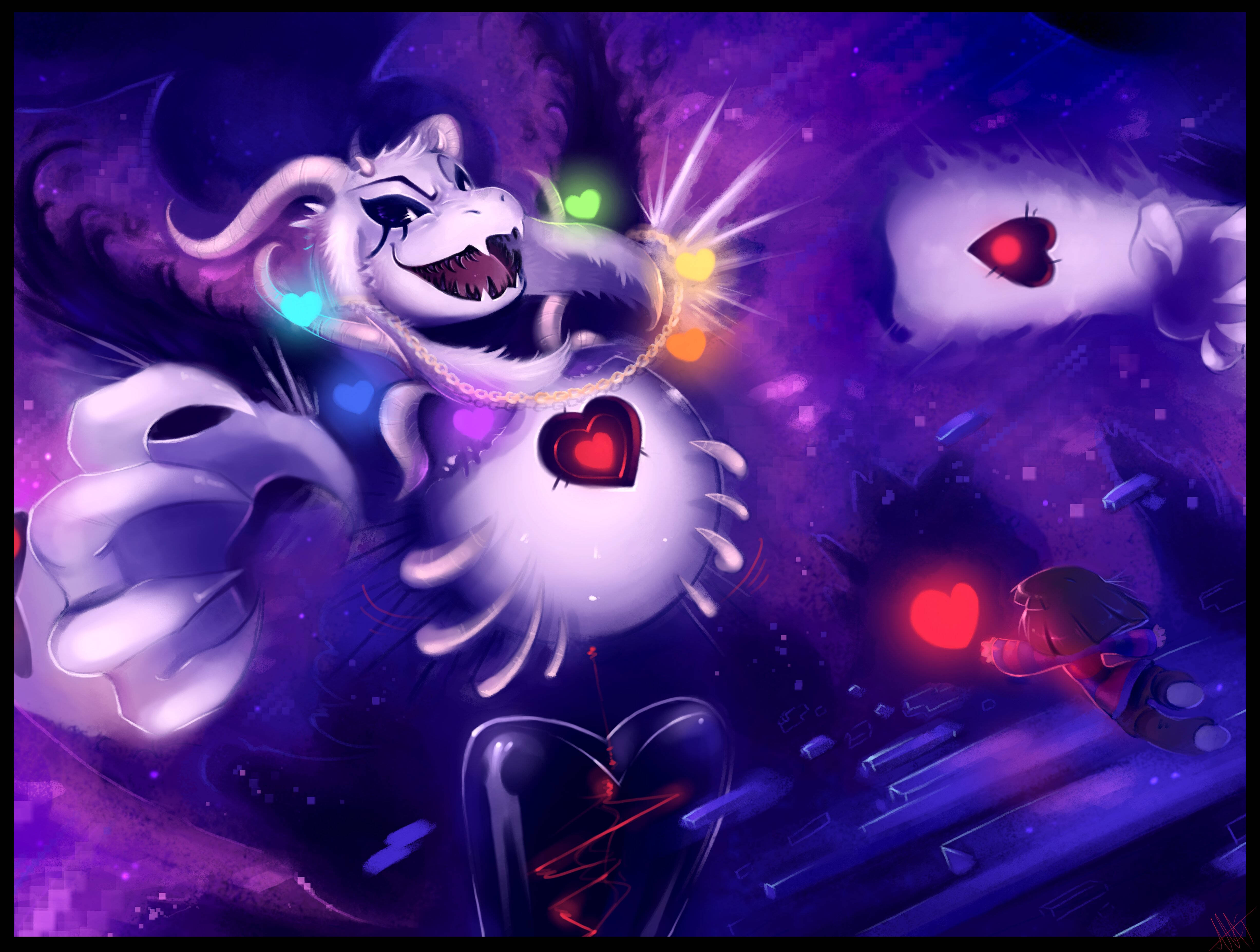 Undertale Flowey 4K 遊戲 壁紙 — 一條帶有發光心臟和尖銳牙齒的威嚇性白龍，在深紫色宇宙背景下咆哮。