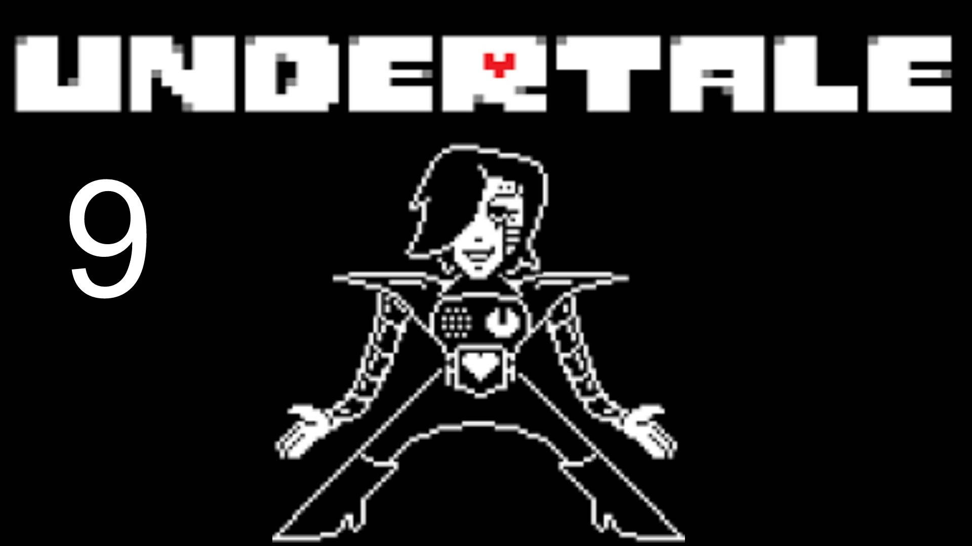 Undertale Mettaton 像素藝術 壁紙 — 來自 Undertale 的像素藝術角色交叉雙臂站在黑色背景上，帶有遊戲標題和數字九。