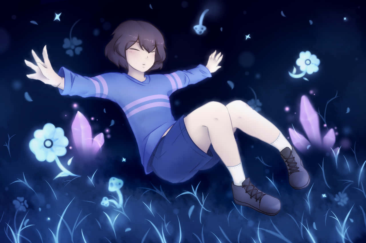 在桌面遊戲中享受 Undertale 壁紙 — 一個年輕女孩在魔法般的夜空中，漂浮在發光的藍色花朵和水晶之間，寧靜祥和。