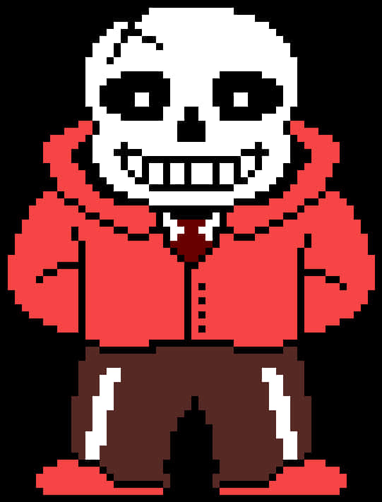 Undertale Sans像素藝術 壁紙 — 像素藝術骷髏角色，身穿紅色連帽衫和帶有白色條紋的棕色褲子，站在黑色背景前。