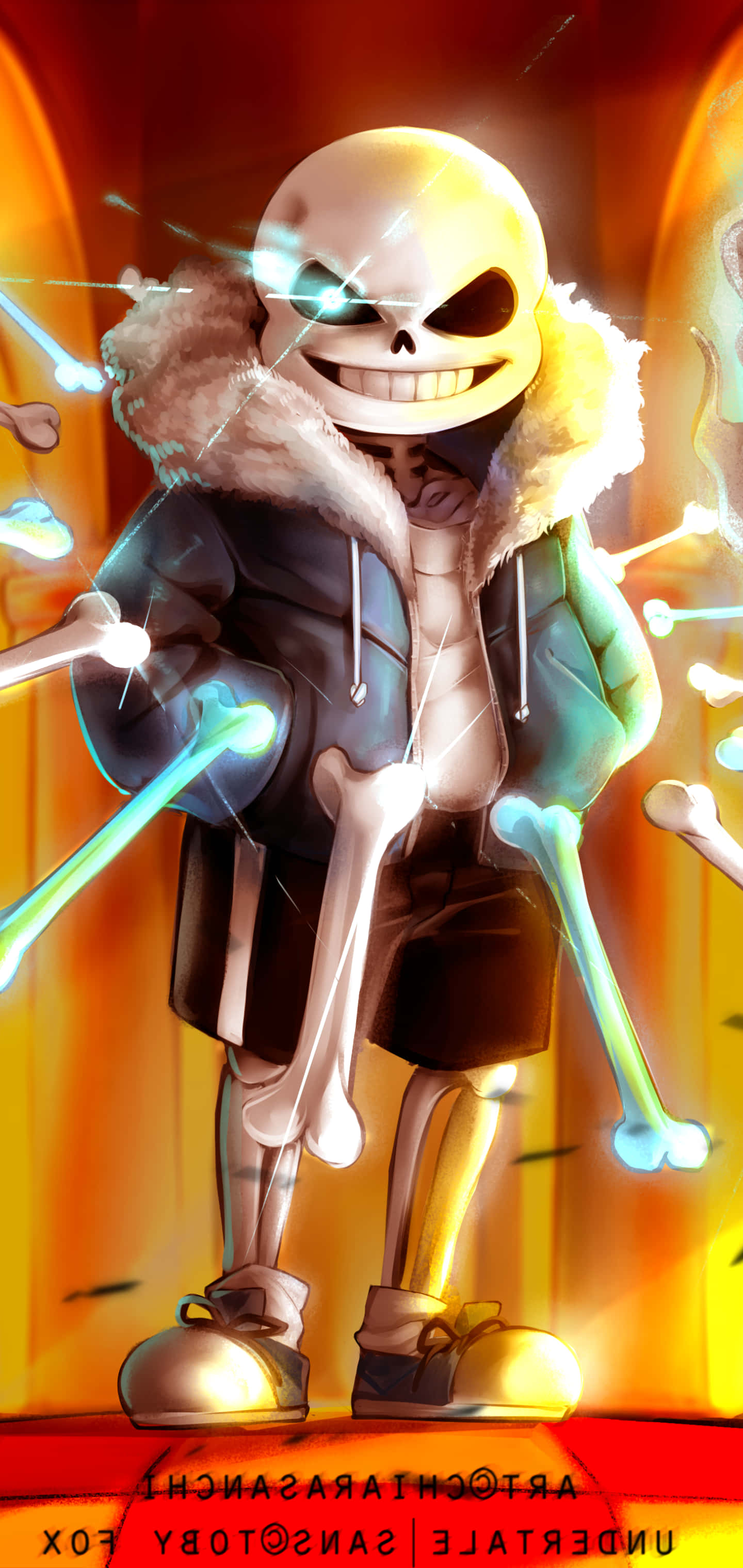 Undertale Sans邁向未知 壁紙 — 一個卡通骷髏穿著毛領外套，自信地站著，發光的藍色骨頭手臂在火熱的橙色背景前。