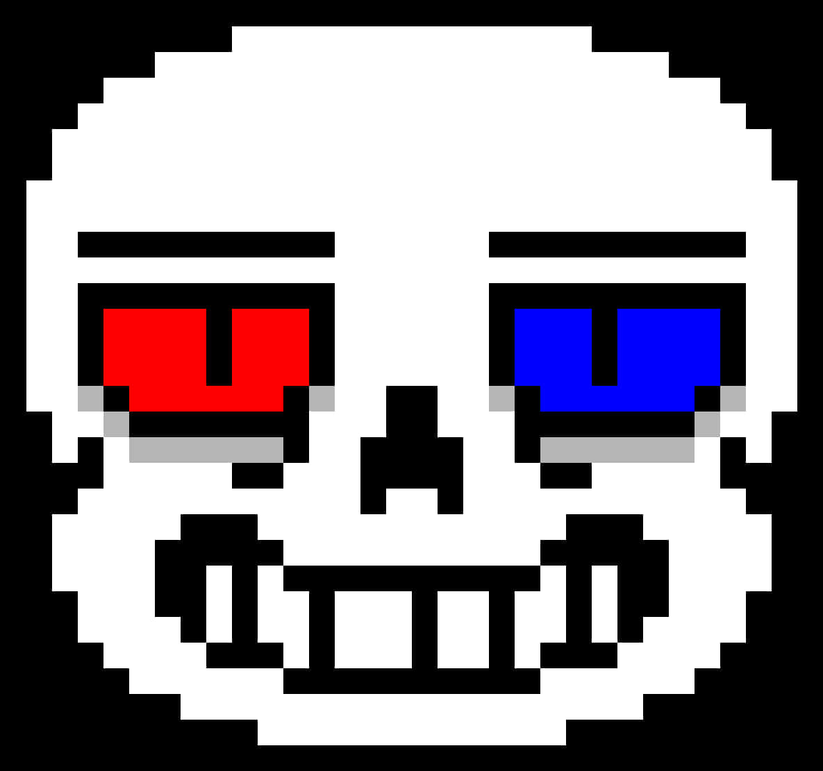 像素風格的Undertale Sans臉部 壁紙 — 一個像素化的白色骷髏頭，有紅色和藍色的眼睛，以及一個寬闊的笑容，背景為黑色。