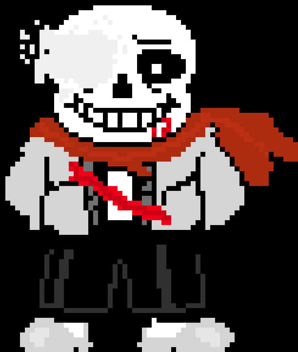 Undertale 中的 Sans 像素藝術 壁紙 — 像素藝術骷髏角色，戴紅色圍巾，白襯衫上有血跡，背景黑色。