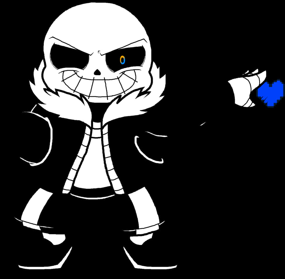 Undertale Sans 戰鬥姿態 壁紙 — 一個風格化的白色骷髏角色，有一隻黃色和一隻藍色的眼睛，在黑色背景上拿著一個藍色像素心。