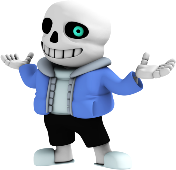Undertale Sans 3D 模型 壁紙 — 一個穿著藍色外套和白色連帽衫的開心卡通骷髏，在黑色背景前張開雙臂站立。
