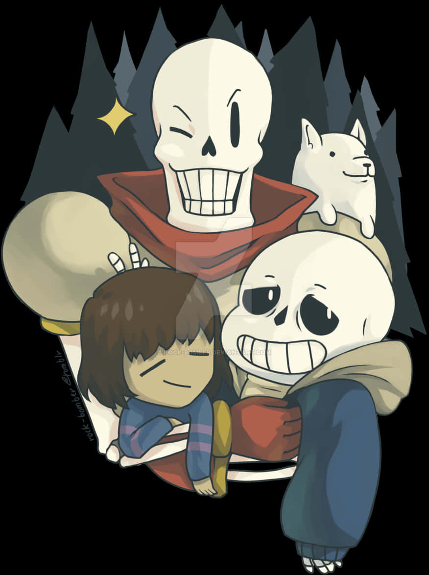 Undertale Sans與朋友插畫 壁紙 — 一群舒適的動畫角色，包括骷髏和一隻狗，在星空下依偎在一起。
