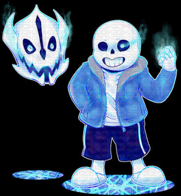 Undertale Sans 藍光效果 壁紙 — 一個藍色調的骷髏角色，擁有發光的眼睛和漂浮的幽靈頭部，站在一個噼啪作響的能量圈上，背景為黑色。