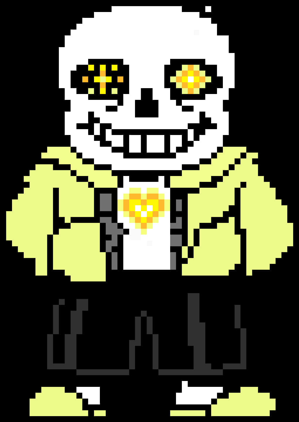 Undertale Sans 像素藝術 壁紙 — 像素藝術骷髏角色，帶有發光的黃色眼睛和心形標誌，在黑色背景上微笑。