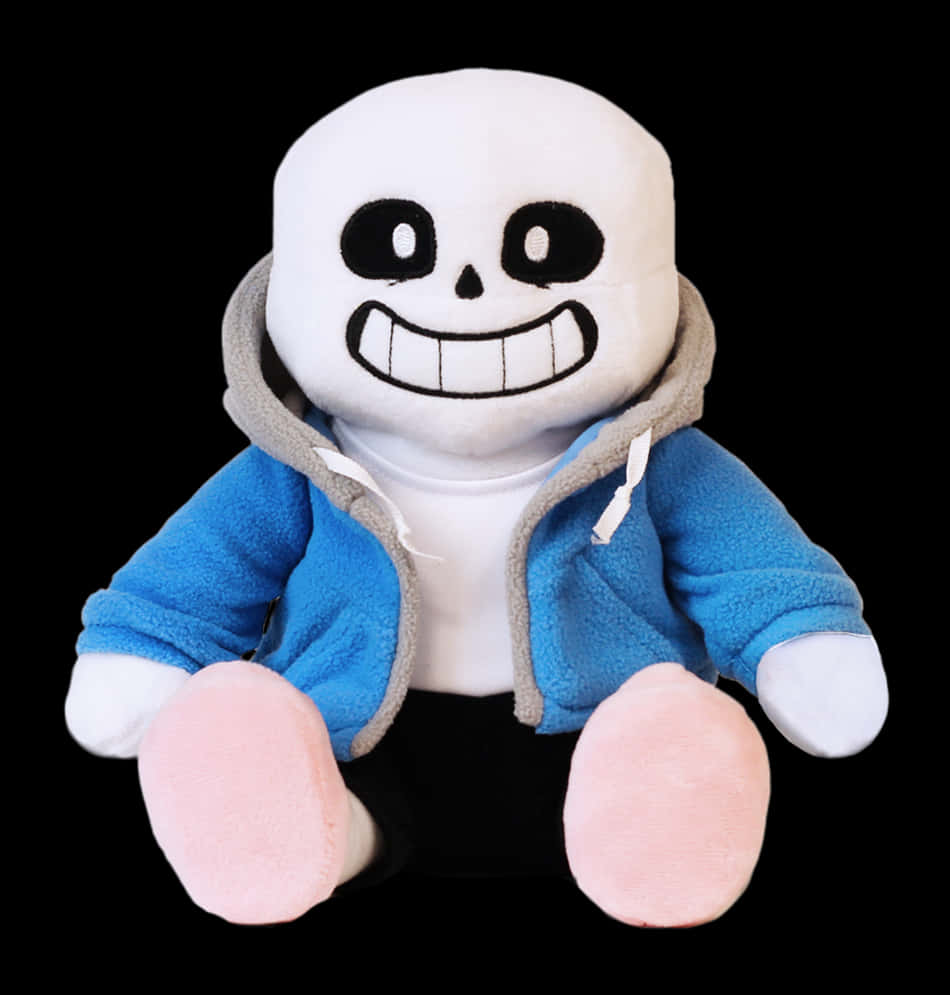 Undertale Sans絨毛玩偶 壁紙 — 一個微笑骷髏角色穿著藍色連帽衫的毛絨玩具坐在黑色背景前。