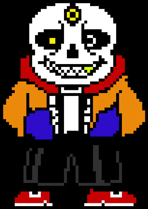 Undertale Sans像素藝術 壁紙 — 像素藝術骷髏角色，黃色眼睛，紅色圍巾，黑色背景。