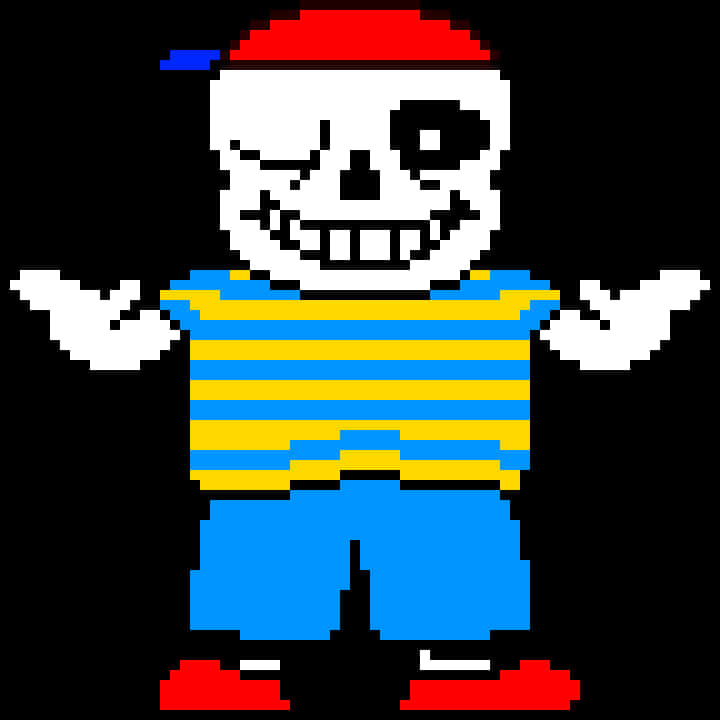 Undertale Sans 像素藝術 壁紙 — 像素藝術骷髏角色，身穿藍色短褲和條紋襯衫，雙臂伸展，背景為黑色。