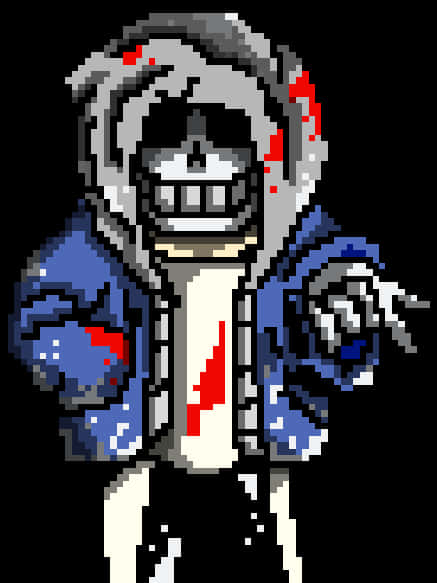 像素藝術 Undertale 角色 Sans 壁紙 — 像素角色，灰色連帽衫和藍色外套，站在黑色背景前，有紅色飛濺。