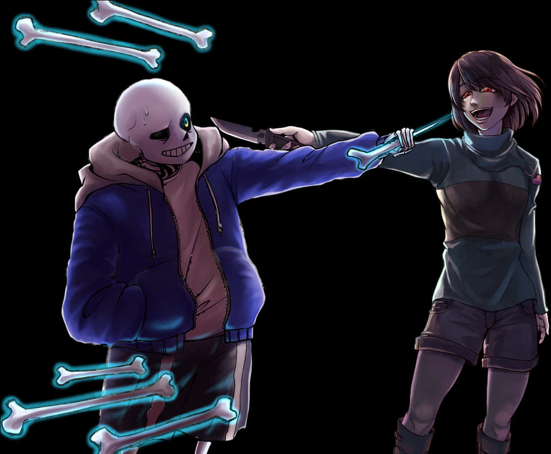 Undertale Sans 與 Chara 對峙 壁紙 — 一個發光的藍色骷髏穿著連帽衫，與一個手持骨劍的紅眼女孩在黑色背景上對峙。