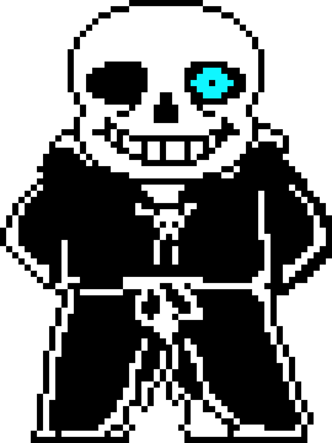 Undertale Sans像素藝術 壁紙 — 一個像素化的白色骷髏角色，有一隻發光的藍色眼睛和一個寬闊的笑容，站在黑色背景前。