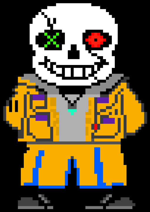 Undertale Sans 像素藝術 壁紙 — 像素藝術骷髏角色，綠色X眼睛和紅色花眼睛，穿著黃色外套和藍色褲子。